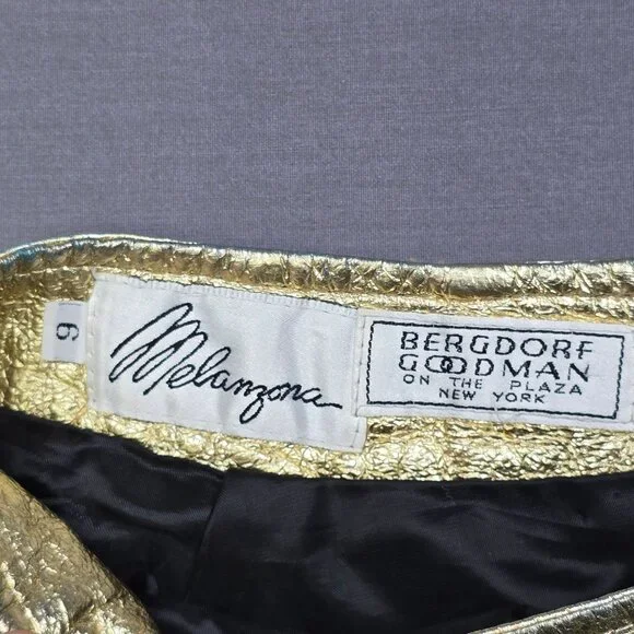 Melanzona Size 6 Metallic Gold Leather Pencil Skirt Vintage Bergdorf Goodman - Picture 2 of 8